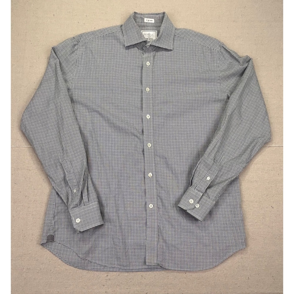 Todd Snyder Mens 16 34/35 2-Ply Cotton Gingham Plaid Dress Shirt Navy Blue White